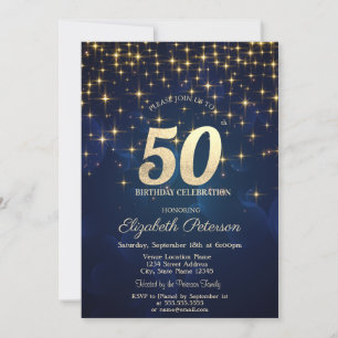Elegant Gold Stars Navy Blue 50. Geburtstagsparty Einladung
