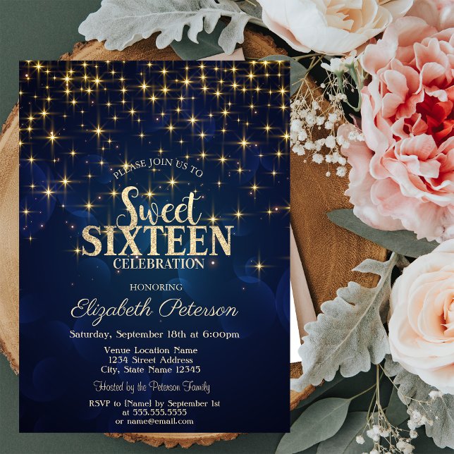 Elegant Gold Stars Navy Blue Sweet 16 Einladung (Von Creator hochgeladen)
