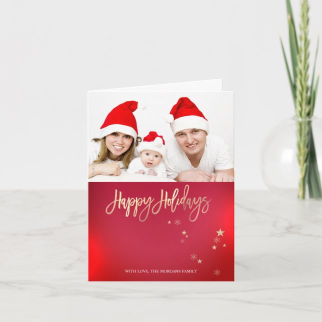 Elegant Gold Stars Rotes Foto Frohe Weihnachten (Vorderseite)