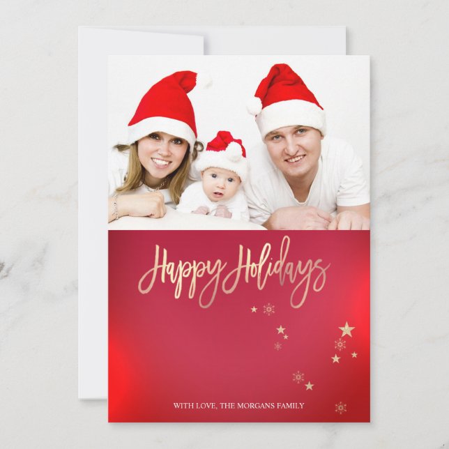 Elegant Gold Stars Rotes Foto Frohe Weihnachten (Vorderseite)