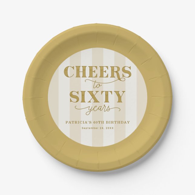 Elegant Gold Striped Cheers to 60 Years Birthday  Pappteller (Vorderseite)