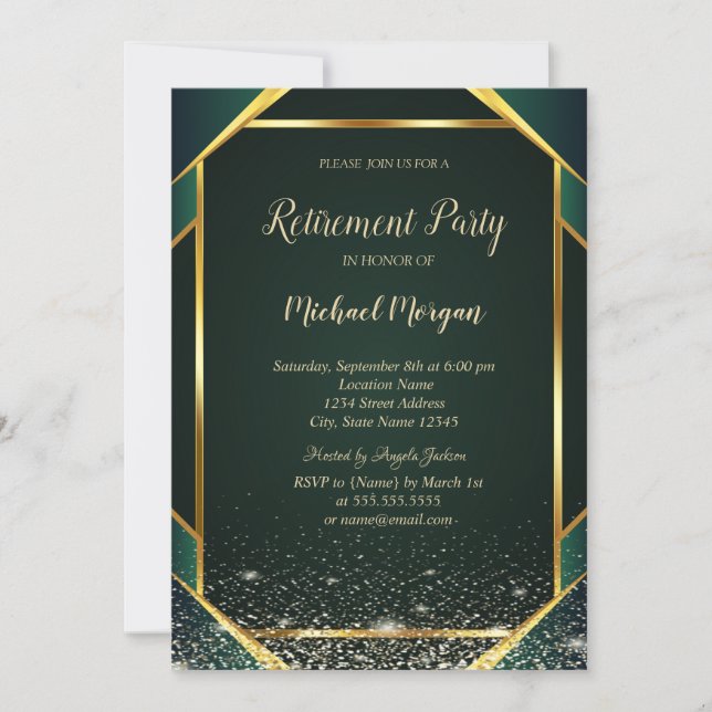 Elegant Gold Striped Confetti Green Retirement Einladung (Vorderseite)