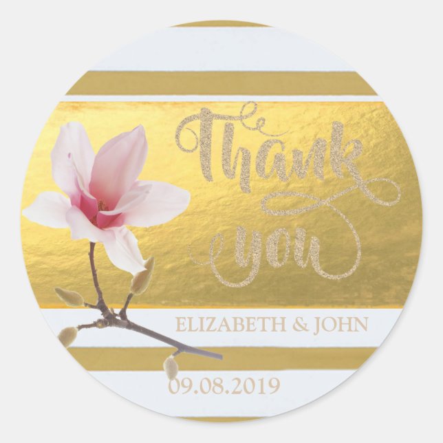 Élégant Gold Stripes Magnolia Sticker vous Mariage (Devant)