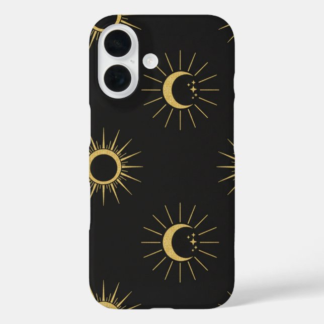 Elegant Gold Sun and Moon Pattern Black iPhone 16  Hülle (Rückseite)