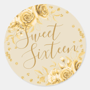 Elegant Gold Sweet 16 Birthday Floral Glitzer Runder Aufkleber