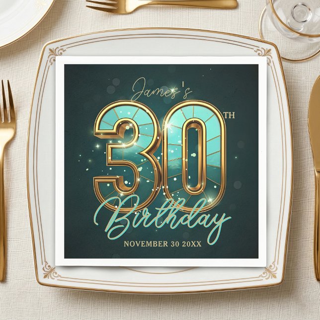 Elegant Gold Teal 3D Typography 30th Birthday Serviette (Von Creator hochgeladen)
