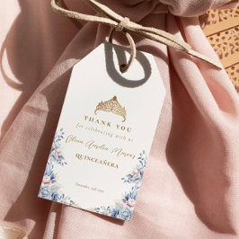 Elegant Gold Tiara Blue Floral Quinceñera Geschenkanhänger