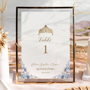 Elegant Gold Tiara Blue Floral Quinceñera Tischnummer