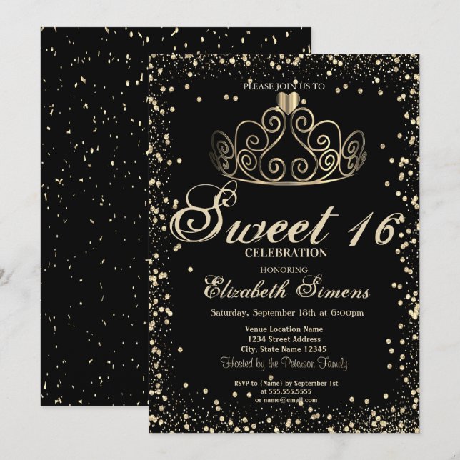 Elegant Gold Tiara Confetti Diamonds Sweet 16 Einladung (Vorne/Hinten)