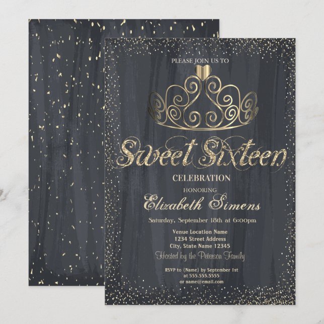Elegant Gold Tiara Confetti Princess Sweet 16 Einladung (Vorne/Hinten)