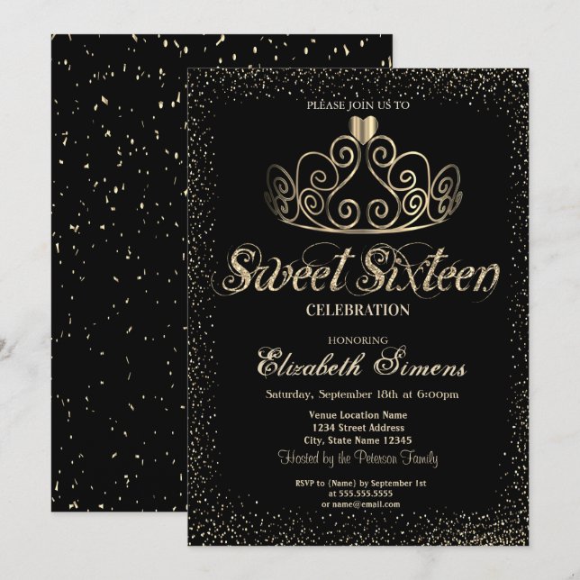 Elegant Gold Tiara Confetti Sweet 16 Einladung (Vorne/Hinten)
