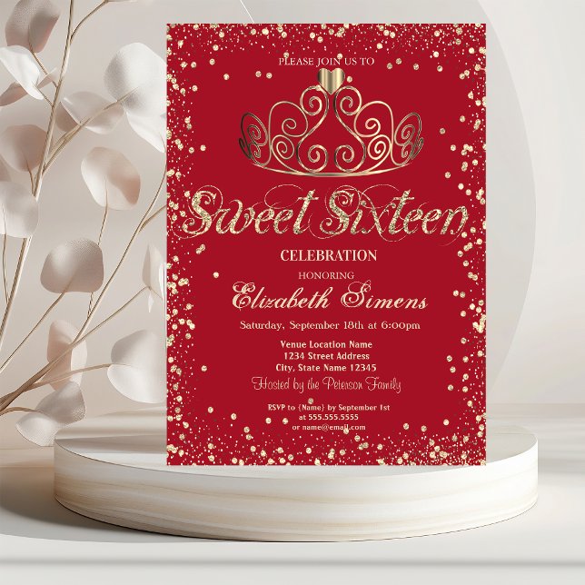 Elegant Gold Tiara Diamonds Confetti Red Sweet 16 Einladung (Von Creator hochgeladen)