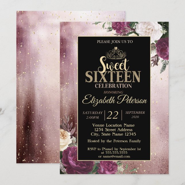 Elegant Gold Tiara, Frame Burgundy Sweet 16 Party Einladung (Vorne/Hinten)