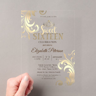 Elegant Gold Tiara Sweet Diamonds 16 Party Acryleinladungen