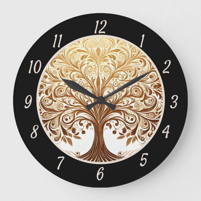 Elegant Gold Tree of Life Spiritual Zen Yoga Große Wanduhr (Vorderseite)