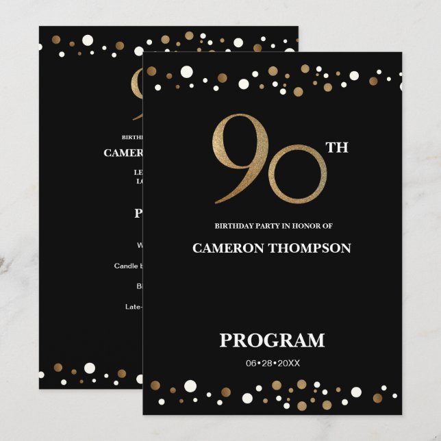 Elegant Gold und Black Confetti 90. Geburtstag Programm (Vorne/Hinten)
