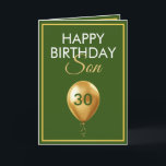 Elegant Gold und Green Balloon Son 30. Geburtstag Karte<br><div class="desc">Elegantes Gold und Green Balloon Son 30. Geburtstag, ein einzigartiges Design für jeden, der etwas Besonderes für seinen Sohn zu seinem Geburtstag sucht. Das Design verfügt über einen hübschen goldenen Ballon vorne mit anpassbarem Text, den Sie personalisieren können. Zögern Sie also nicht, ihn zu personalisieren, um Ihre eigene Geburtstagseinladung zu...</div>