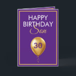 Elegant Gold und Lila Balloon Son 30. Geburtstag Karte<br><div class="desc">Elegantes Gold und Lila Balloon Son 30. Geburtstag, ein einzigartiges Design für jeden, der etwas Besonderes für seinen Sohn zu seinem Geburtstag sucht. Das Design verfügt über einen hübschen goldenen Ballon vorne mit anpassbarem Text, den Sie personalisieren können. Zögern Sie also nicht, ihn zu personalisieren, um Ihre eigene Geburtstagseinladung zu...</div>
