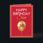 Elegant Gold und Red Balloon Son 30. Geburtstag Karte<br><div class="desc">Elegantes Gold und Red Balloon Son 30. Geburtstag, ein einzigartiges Design für jeden, der etwas Besonderes für seinen Sohn zu seinem Geburtstag sucht. Das Design verfügt über einen hübschen goldenen Ballon vorne mit anpassbarem Text, den Sie personalisieren können. Zögern Sie also nicht, ihn zu personalisieren, um Ihre eigene Geburtstagseinladung zu...</div>