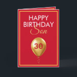 Elegant Gold und Red Balloon Son 30. Geburtstag Karte<br><div class="desc">Elegantes Gold und Red Balloon Son 30. Geburtstag, ein einzigartiges Design für jeden, der etwas Besonderes für seinen Sohn zu seinem Geburtstag sucht. Das Design verfügt über einen hübschen goldenen Ballon vorne mit anpassbarem Text, den Sie personalisieren können. Zögern Sie also nicht, ihn zu personalisieren, um Ihre eigene Geburtstagseinladung zu...</div>