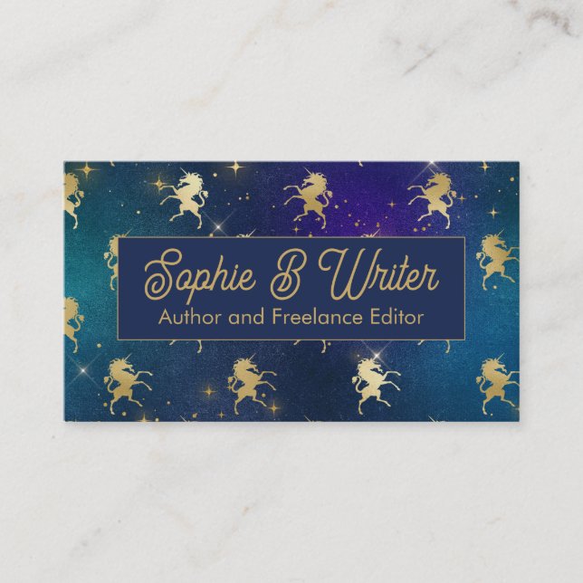 Elegant Gold Unicorn Starry Sky Fantasy Writer Visitenkarte (Vorderseite)
