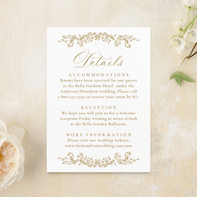 Elegant Gold Victorian Floral Wedding Details Begleitkarte (Von Creator hochgeladen)