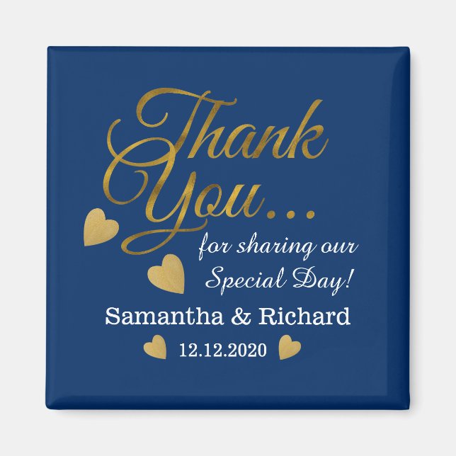 Elegant Gold Vielen Dank Blue Gastgeschenk Hochzei Magnet (Vorne)