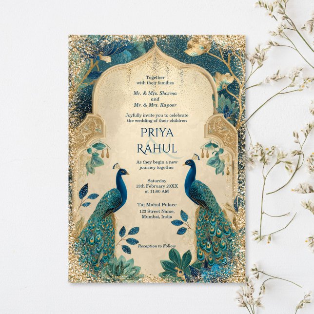 Elegant Gold Vintage Peacocks Indian Wedding Einladung (Vintage  indian wedding invitation with peacocks)