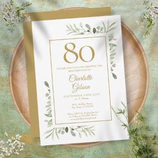 Elegant Gold Watercolor Greenery 80. Geburtstag Einladung