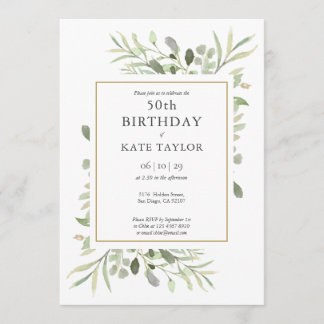Elegant Gold Watercolor Grüne 50. Geburtstag Einladung