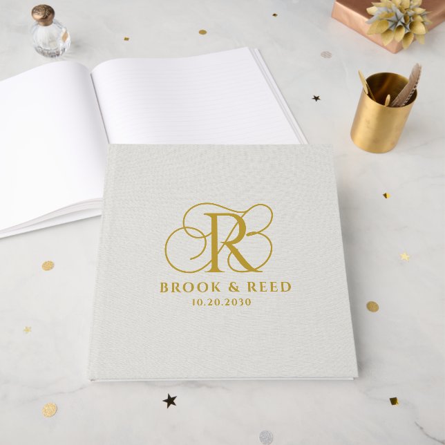 Elegant Gold Wedding Monogram Gästebuch (Vorderseite offen)