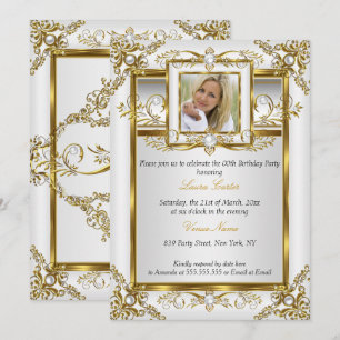 Elegant Gold Weiß Perlmutt Damast Foto Geburtstag Einladung