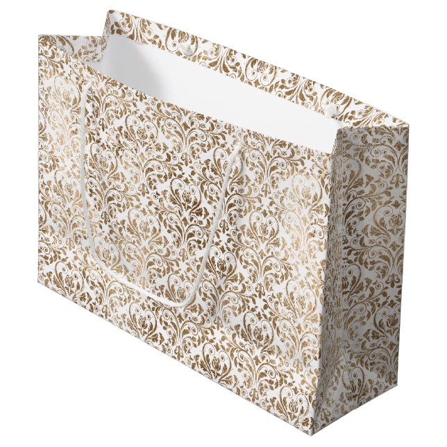 Elegant Gold White Chic Damask Große Geschenktüte (Vorderseite Schrägansicht)