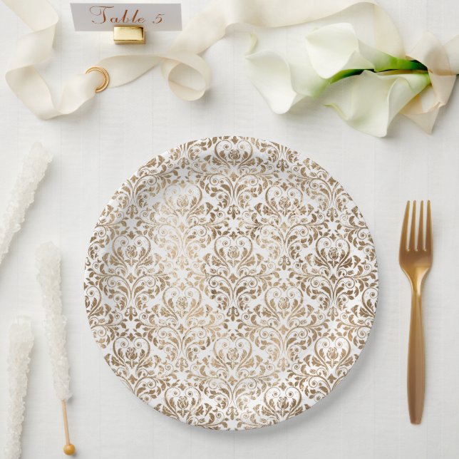 Elegant Gold White Chic Damask Pappteller (Hochzeit)