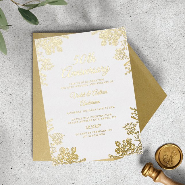Elegant Gold White Floral 50. Hochzeitstag Folieneinladung (Von Creator hochgeladen)