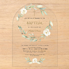 Elegant Gold White Flowers Cross Baptism Acryleinladungen