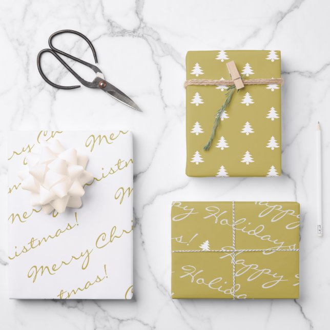 Elegant Gold White Frohe Weihnachtsbaumen Geschenkpapier Set (Vorderseite)