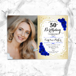 Elegant Gold White Royal Blue Foto 50. Geburtstag Einladung<br><div class="desc">Elegante florale feminine 50. Geburtstagseinladung mit Ihrem Foto. Glam-Design mit Imitat Gold. Enthält königsblaue Rose,  Skript-Schriftart und Konfetti. Ideal für ein stilvolles Party für Erwachsene. Personalisieren Sie Ihre persönlichen Daten. Kann für jedes Alter angepasst werden! Gedruckte Zazzle Einladungen oder Sofortdownload digitalen druckbaren Vorlage.</div>