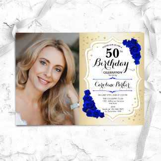 Elegant Gold White Royal Blue Foto 50. Geburtstag Einladung