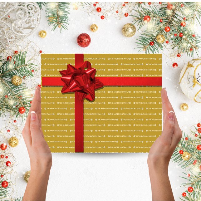 Elegant Gold Wiederholung Name Muster Weihnachtsge Geschenkpapier Set (Elegant Gold and White Personalized Name Repeating Pattern Snowman Christmas Gift Wrapper)