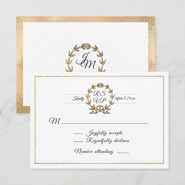 Elegant Gold Wreath White Script Calligraphy UAWG RSVP Karte (Vorne/Hinten)