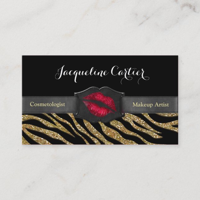 Elegant Gold Zebra Glitzer Kiss Kosmetologe Visitenkarte (Vorderseite)