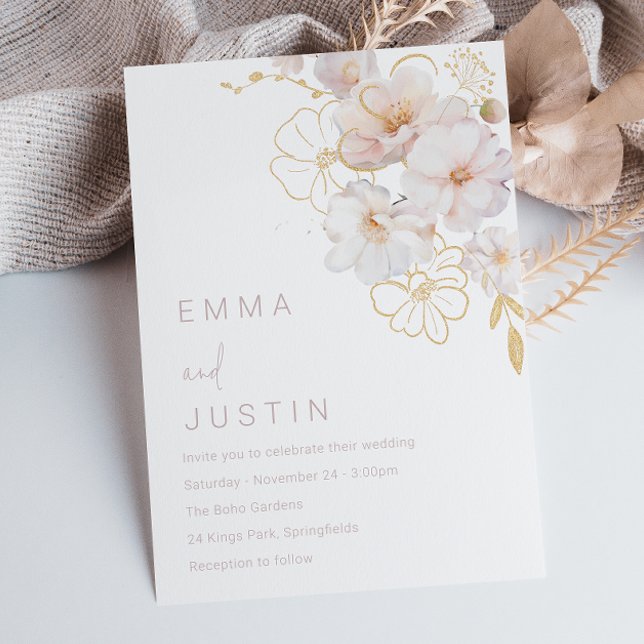 Elegant Golden Blush Botanical Wildflowers Wedding Einladung (Von Creator hochgeladen)