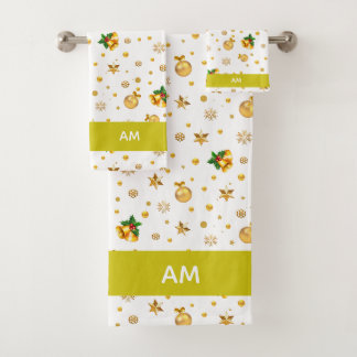 Elegant Golden Christmas Icons & Monogram on White Badhandtuch Set