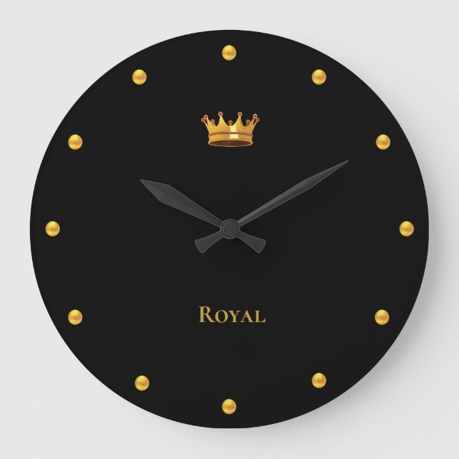 Elegant Golden Crown & Golden Dots on Black Große Wanduhr (Vorderseite)