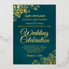 Elegant Golden Curls & Swirls Dark Teal Wedding Folieneinladung