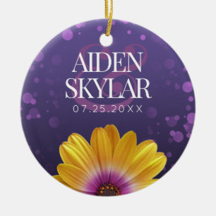 Elegant Golden Daisies mit Lila Glitzer Hochzeit Keramik Ornament