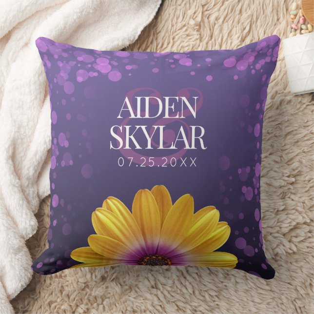 Elegant Golden Daisies mit Lila Glitzer Hochzeit Kissen (Decke)