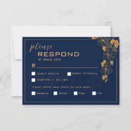 Elegant Golden Floral Foliage Navy Blau RSVP Karte