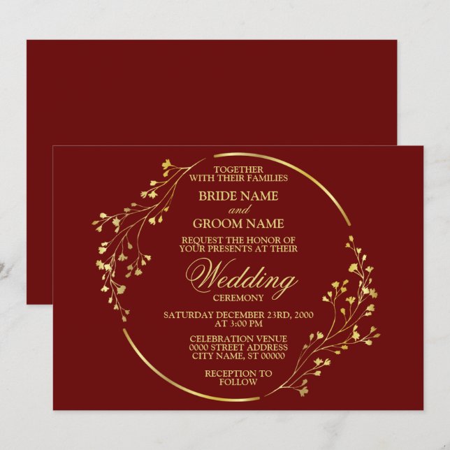 Elegant Golden Floral Geometric Wreath Red Einladung (Vorne/Hinten)